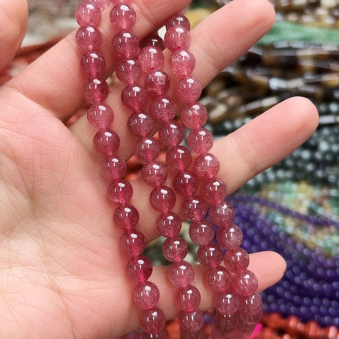 玛瑙/玉髓未镶嵌珠宝半成品卡8草莓晶圆珠一条