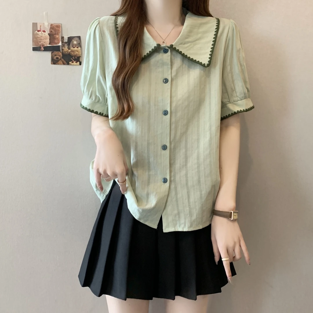 大码女装绿色娃娃领短袖雪纺衬衫女夏季胖MM宽松显瘦气质正肩上衣