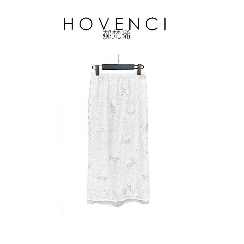 HOVENCI郝梵晞白色半身裙2025新款高腰重工龙鳞亮片拼接花朵长裙