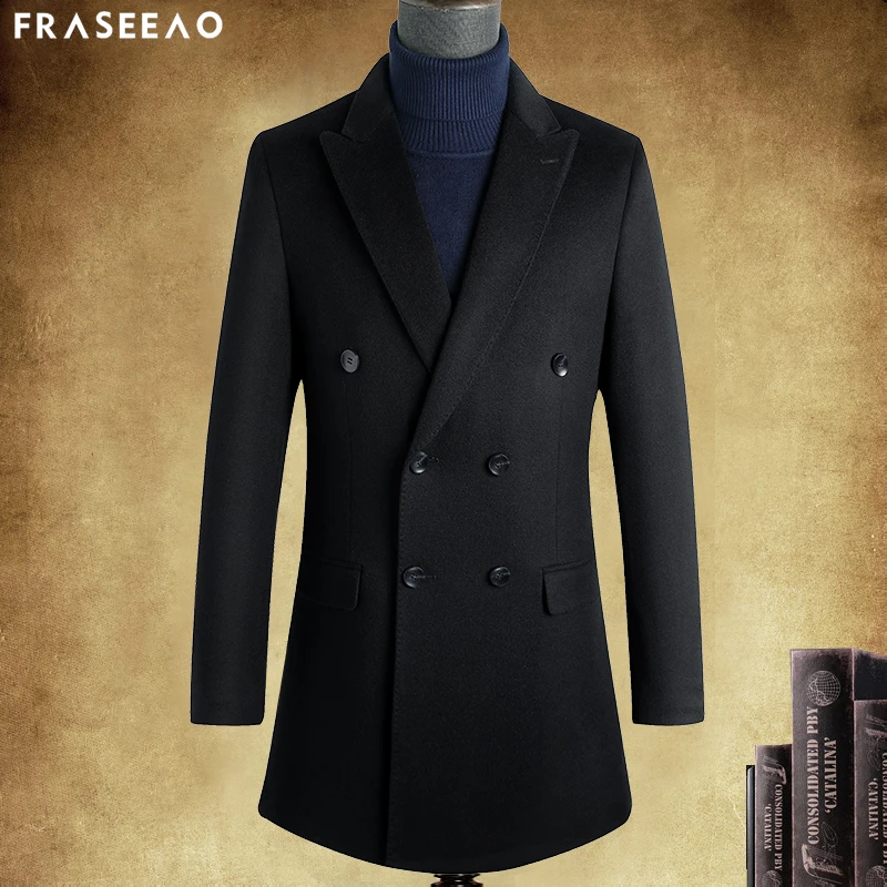 法希奥双排扣羊绒大衣男中长款秋冬季西装领含桑蚕丝羊毛风衣外套