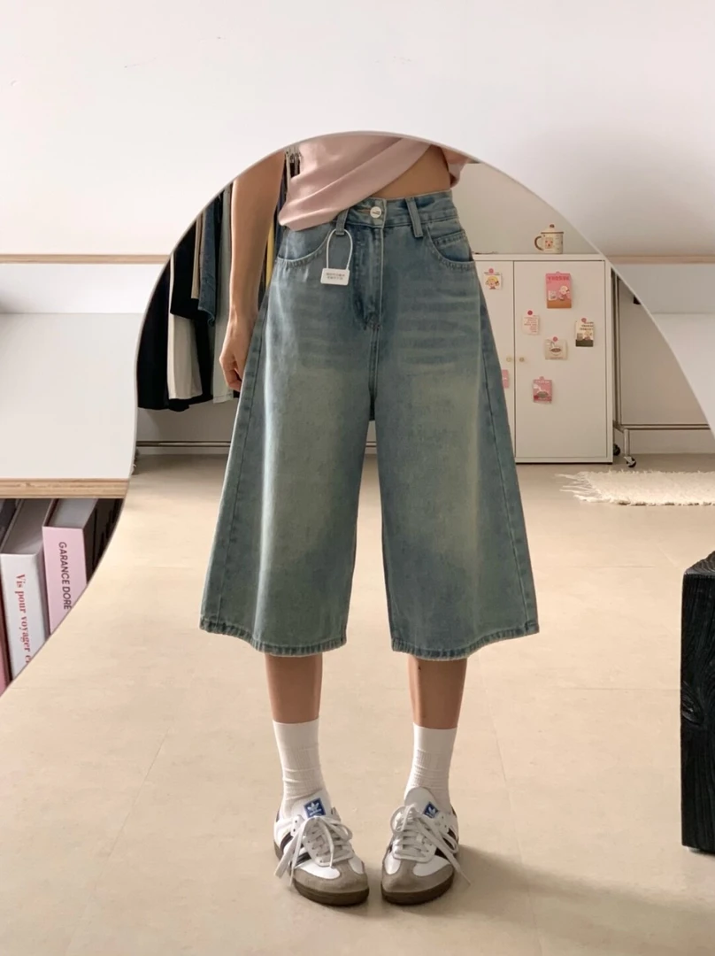 美式复古七分牛仔裤女夏季高腰宽松显瘦八分中裤阔腿梧桐直筒短裤
