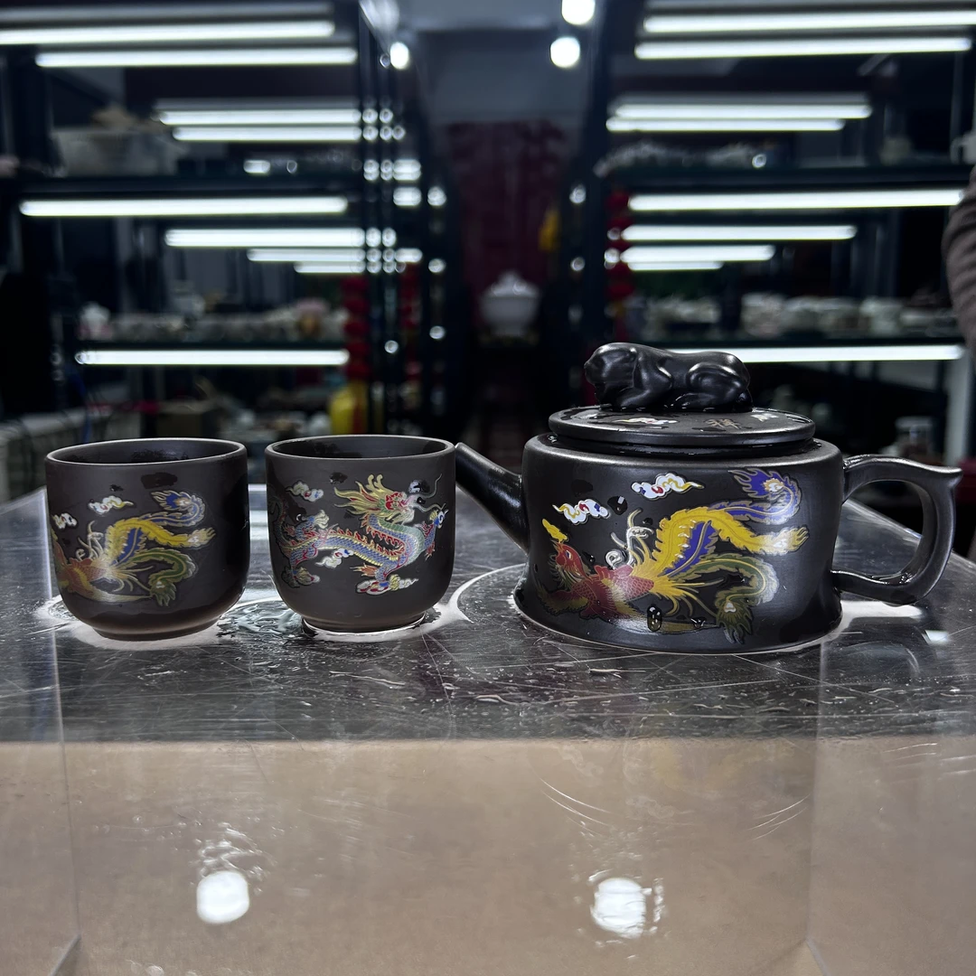 德化云仓 龙凤呈祥变色紫砂壶一壶两杯-2454