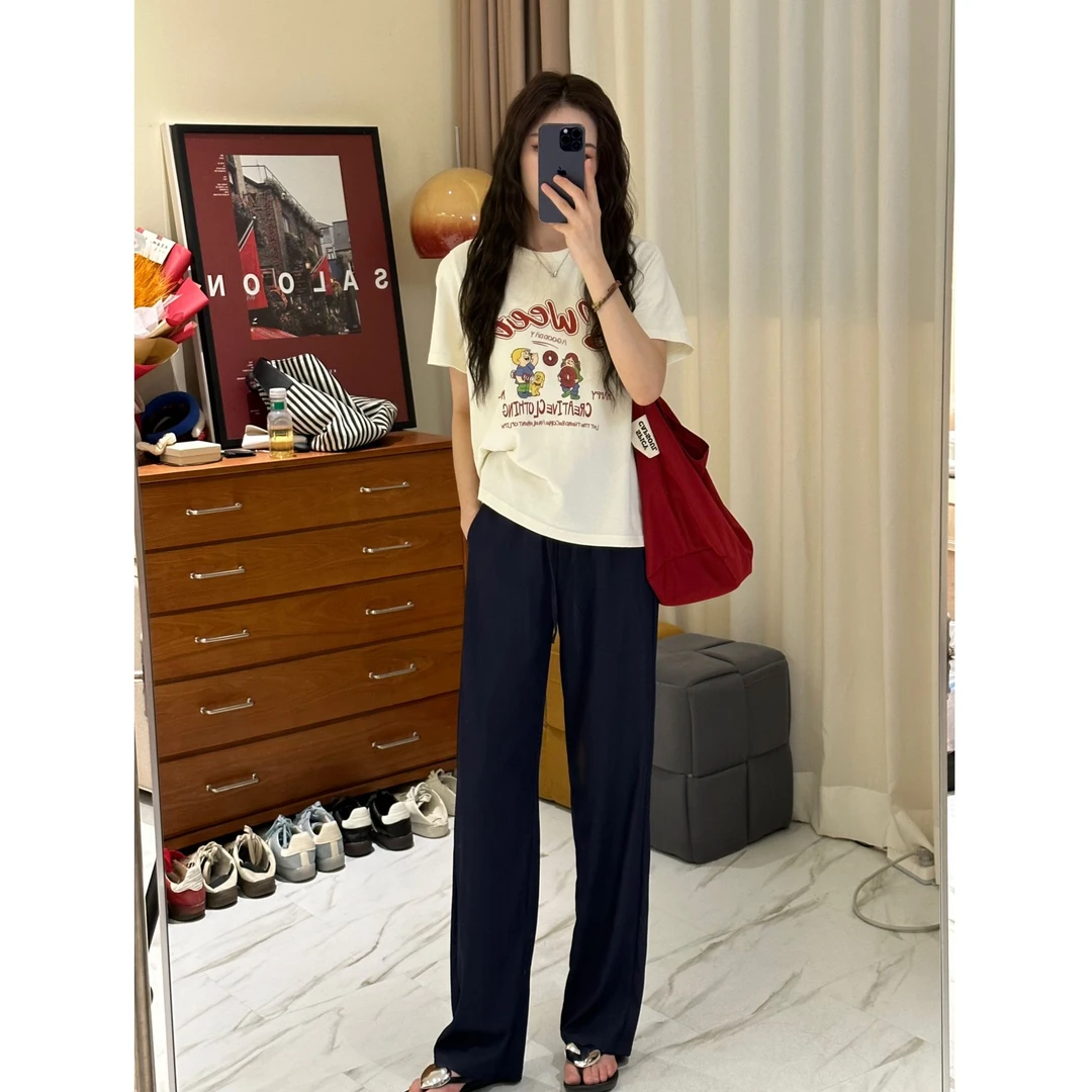 2025年夏季薄款莱赛尔丹宁色仿牛仔窄版高腰直筒显瘦阔腿裤