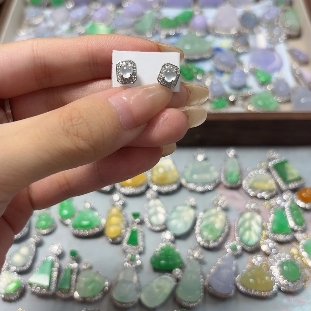 翡翠银S925镶嵌耳钉