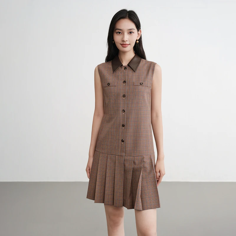 EP雅莹早秋新款女装 复古格纹羊毛百褶裙高腰无袖连衣裙4108A