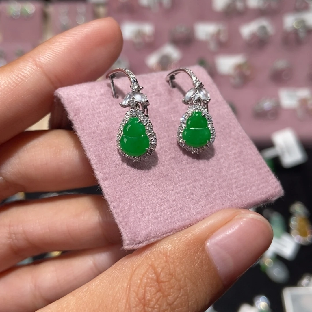 翡翠18K金镶嵌耳饰纯天然缅甸翡翠A货葫芦耳扣