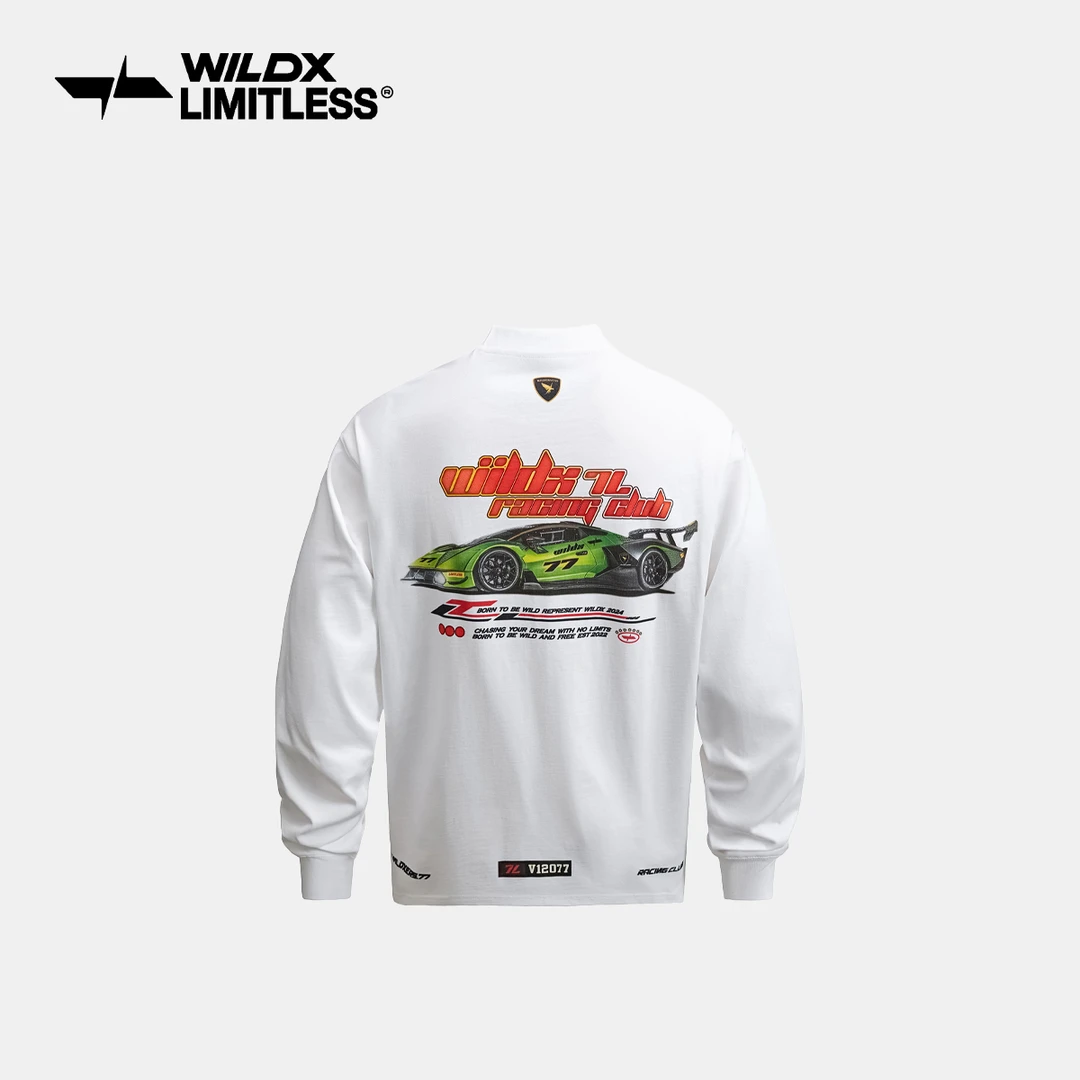 WildX「SCV12」兰博赛车小领口国潮长袖百搭情侣男女T恤宽松印花