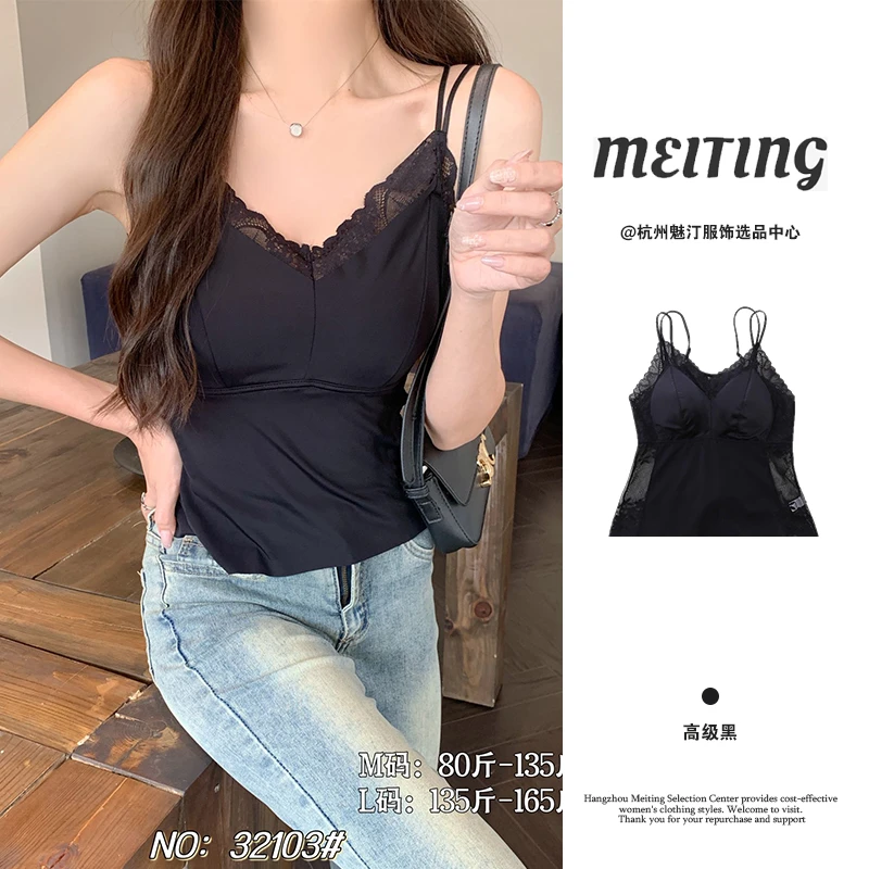 2025新款纯欲风褶皱收腰吊带背心女外穿带胸垫美背上衣吊带夏FC19