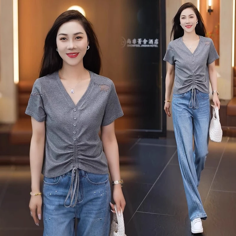 时尚短袖T恤女2025夏季新款洋气减龄显瘦V领抽绳蕾丝拼接百搭上衣