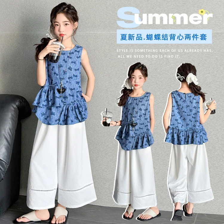 女童夏季爆款阔腿裤套装中大童6-12岁休闲时尚洋气潮款2025新款
