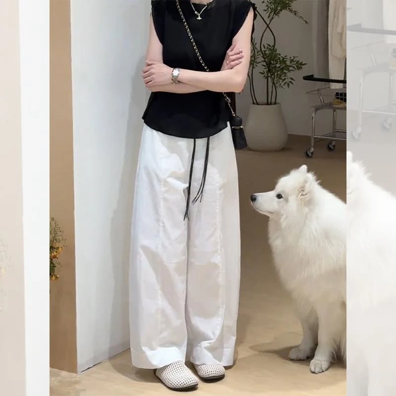 白色高腰直筒阔腿休闲裤女夏季小个子宽松薄款山本裤设计感长裤子