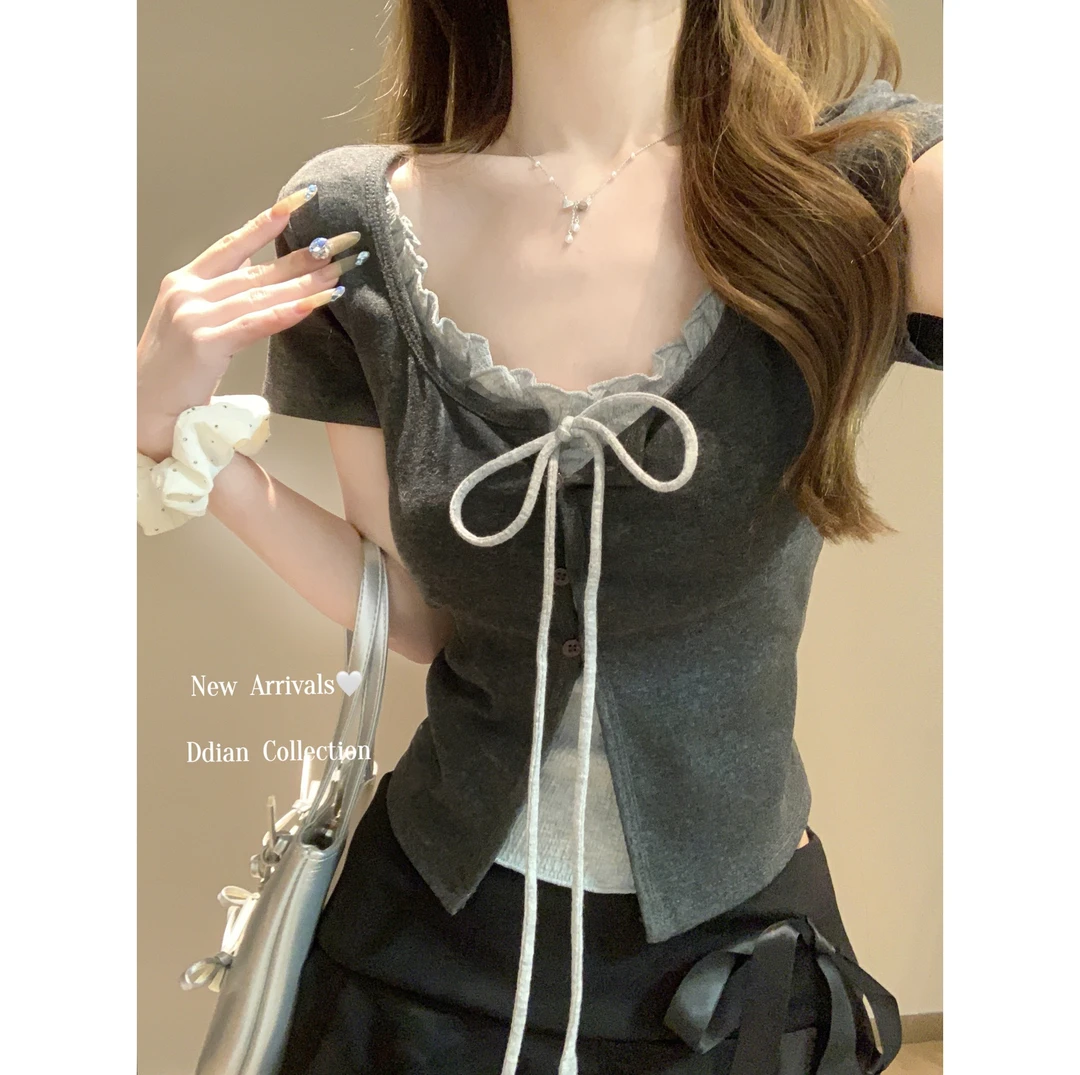 蝴蝶结大领口假两件小众木耳边设计短袖T恤女夏纯欲内搭正肩上衣