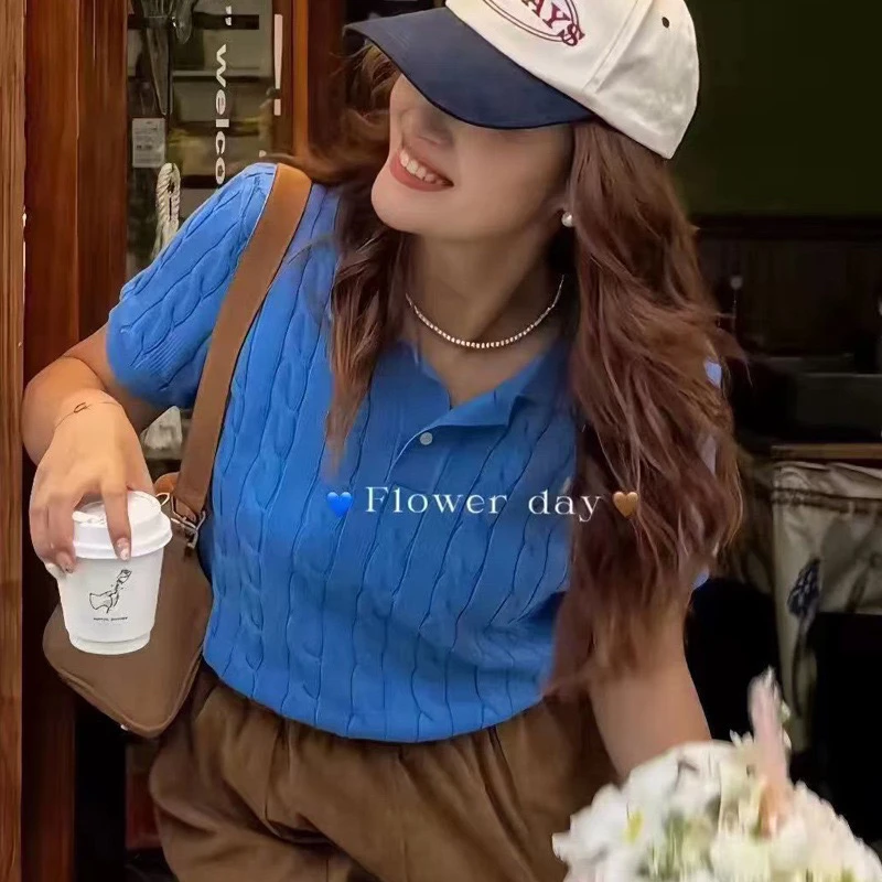 刺绣小马标针织短袖女麻花显瘦上衣恤修短款t身夏季POLO领