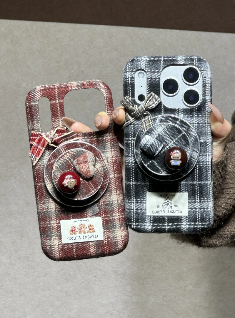 韩系磁吸立体爱心秋冬格纹绒布适用苹果17pro新款iphone16支架15p