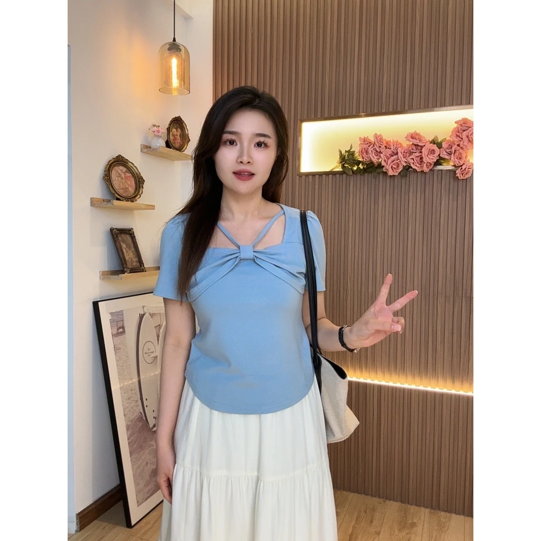 【苹果现货清清】花老爷微胖新款夏季不规则镂空蝴蝶结上衣HLY3273