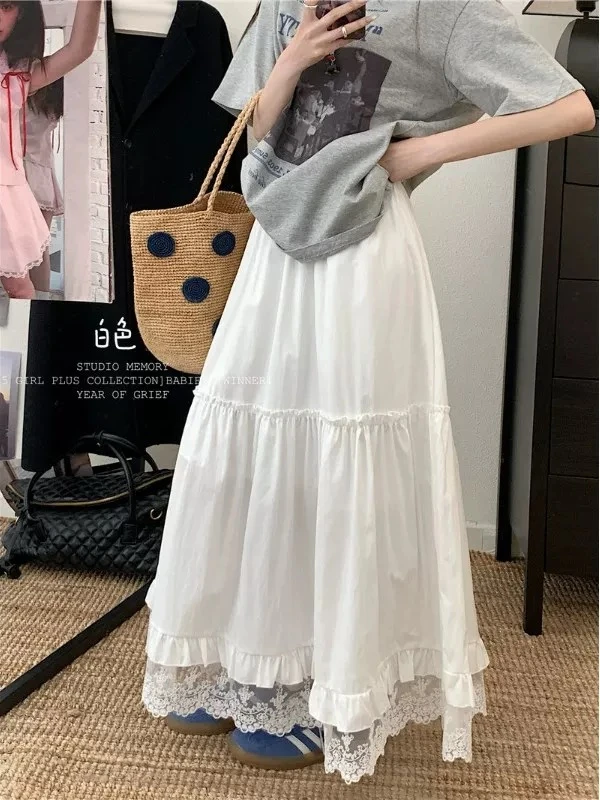 「阿男Anna」蕾丝边长裙  韩系甜美蕾丝花边拼接半身裙  101-2586