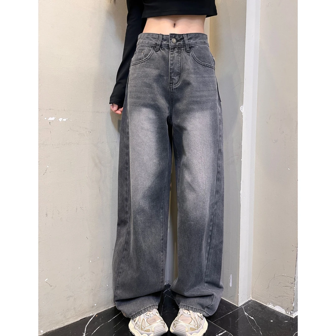 凡Fan【百搭策略】小众复古早春新款做旧渐变宽松阔腿牛仔裤