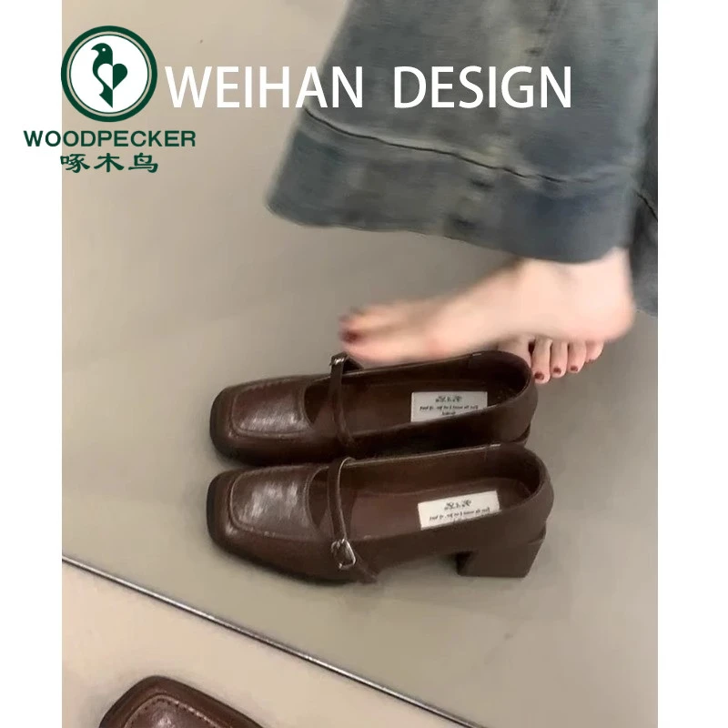 啄木鸟复古粗跟小皮鞋女方头浅口一字扣带玛丽珍鞋气质通勤单鞋子