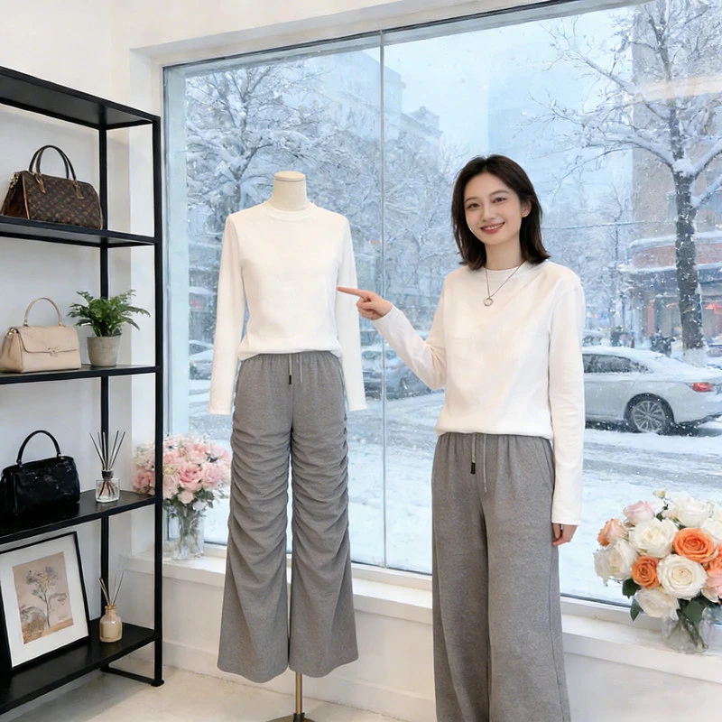 简约白色长袖T恤女2026新款圆领宽松显瘦打底上衣内搭T恤打底衫