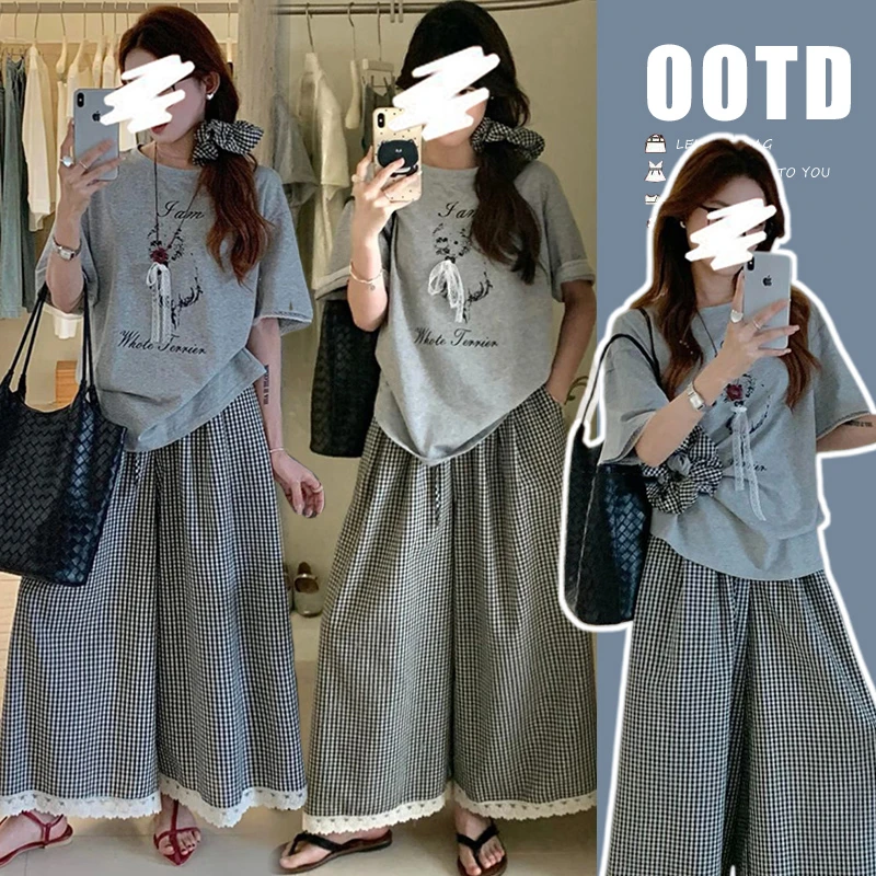 孕妇短袖上衣2025新款格子花边阔腿裤夏装狗狗印花卡通圆领夏季薄