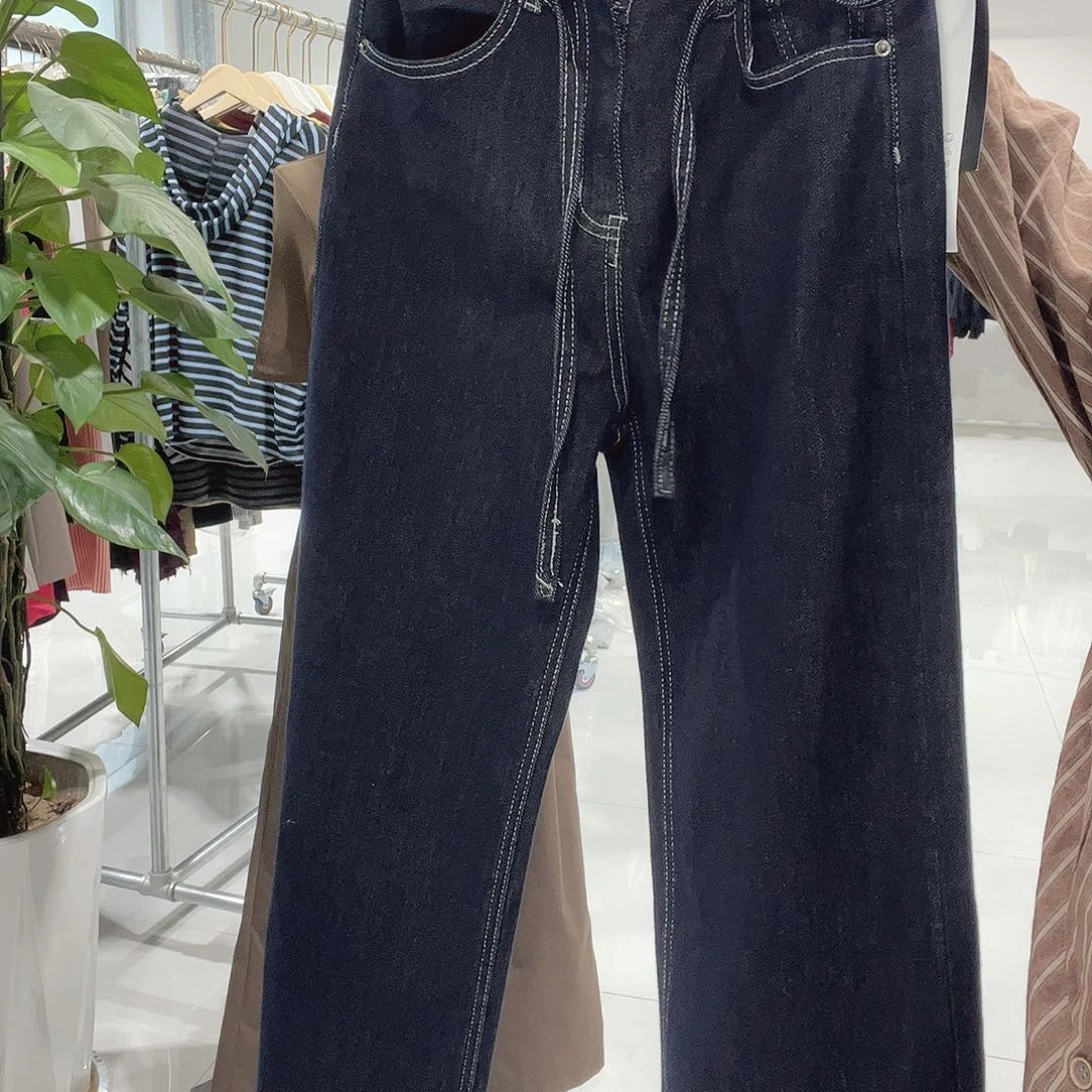 牛仔裤直筒xl带抽绳