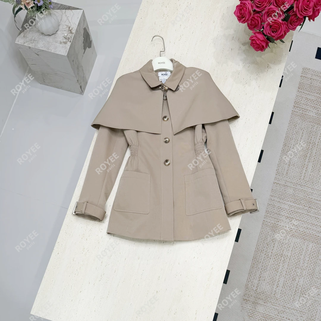 【复古英伦】卡其色可拆卸斗篷外套英伦风收腰修身上衣连衣裙RY1489