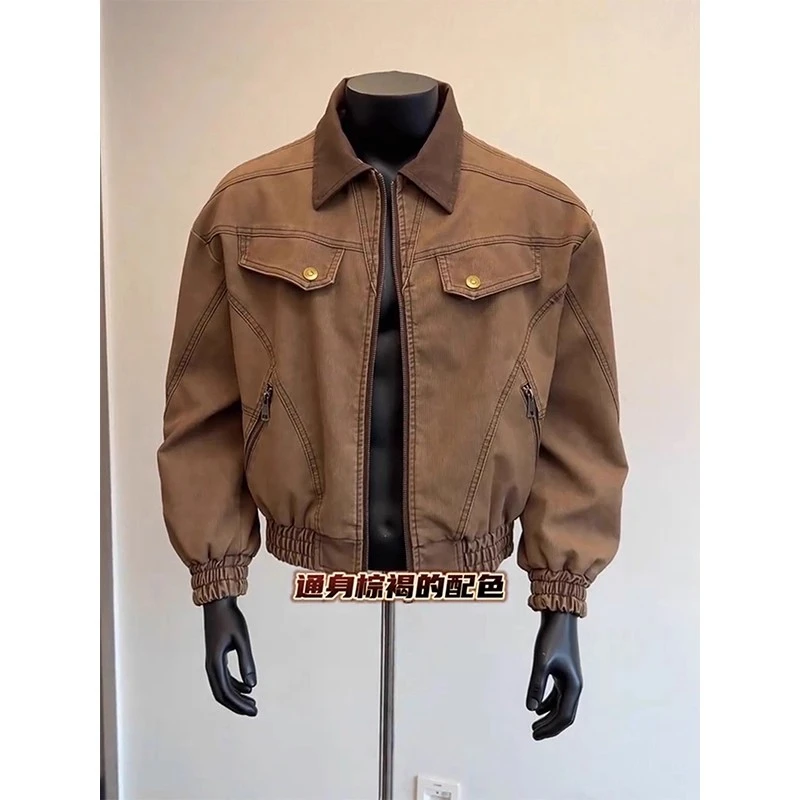 VALVOELITE秋冬复古美式做旧水洗PU皮衣男重磅质感廓形短款皮夹克
