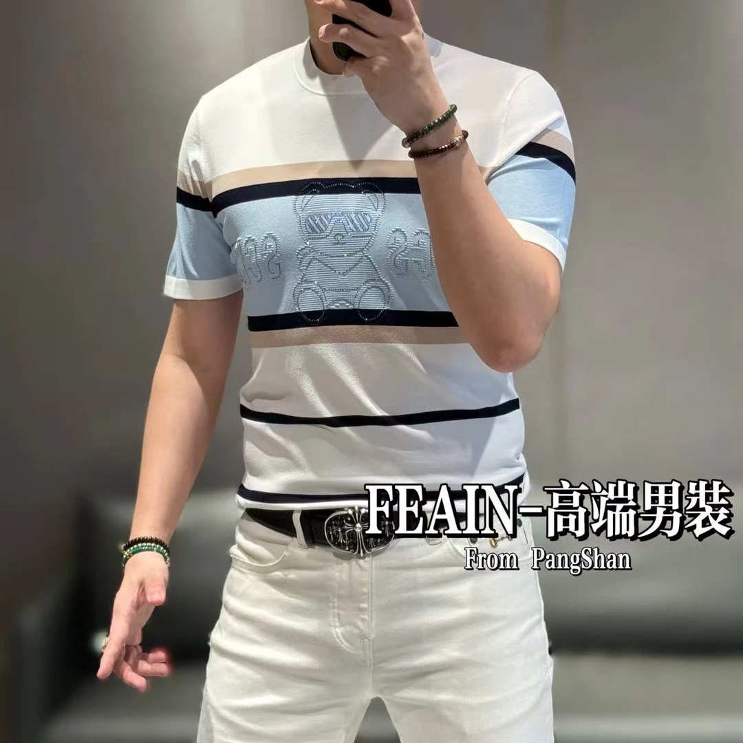 高端定制伊力特丝立体拼色提花奥钻小熊熊短袖T恤5589