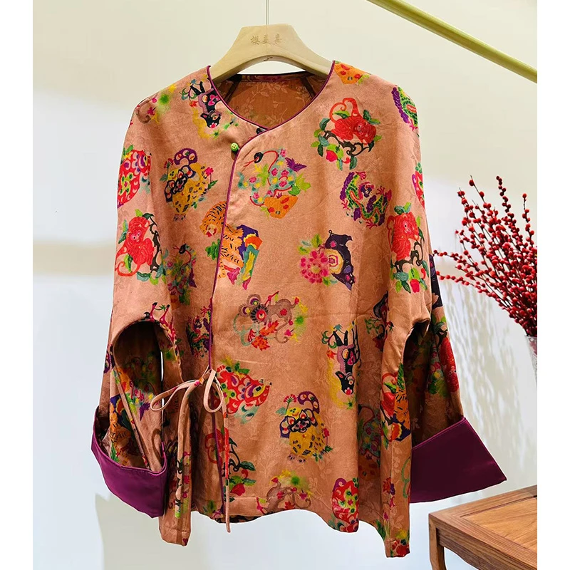 【DY2085】樱美嘉桑蚕丝香云纱花萝圆领新中式衬衫斜襟百搭