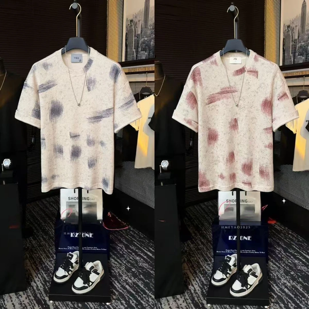 夏季男士潮牌高档撞色扎染针织半袖T恤上衣轻奢时尚圆领休闲短袖