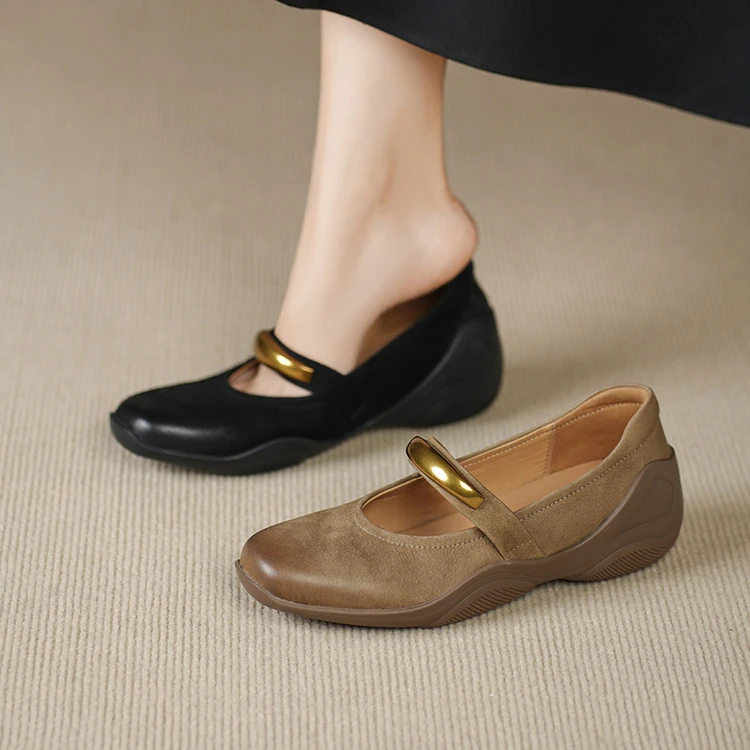 头层牛皮~3cm法式单靴女春秋浅口软底圆头低跟厚底软底玛丽珍鞋女