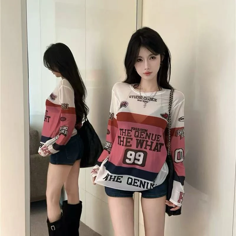 （浠儿家）2025夏季拼色涂鸦印花长袖防晒衫新款修身显瘦薄款上衣