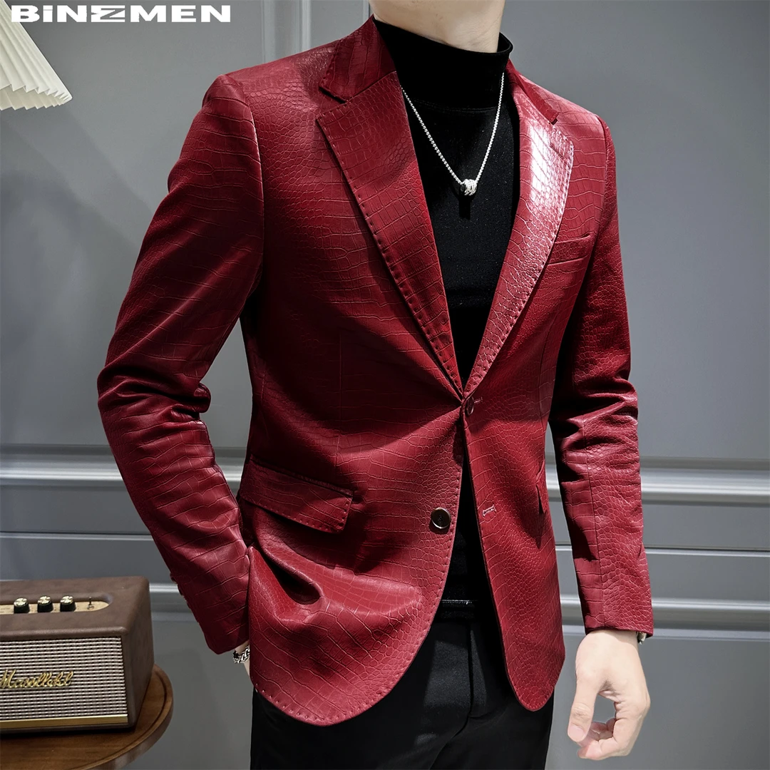 时尚鳄鱼纹休闲西服外套男痞帅高级感春秋商务潮流单件西装男上衣