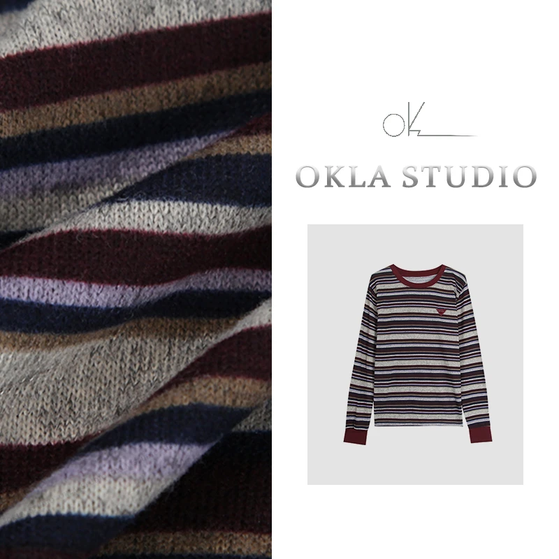 设计感拼色条纹圆领长袖t恤女2025早春新款气质三角标打底衫588