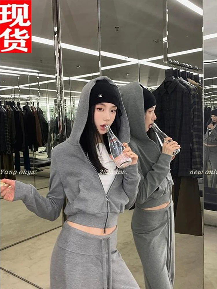 欧阳 连帽卫衣外套女秋季新款休闲宽松美式复古拉链开衫上衣