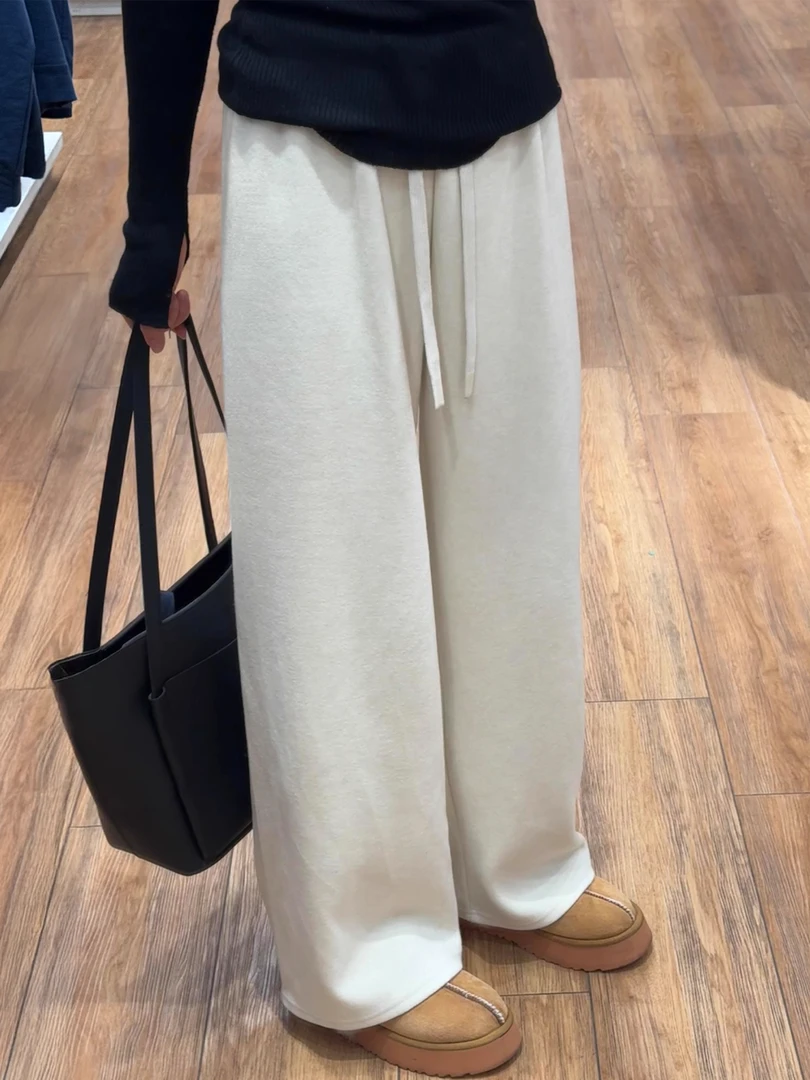 米白色休闲裤女秋冬新款胖妹妹mm高腰宽松显瘦垂坠感软糯阔腿长裤