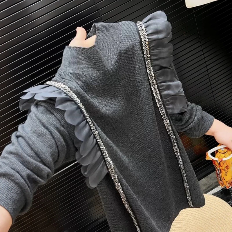 法式洋气设计感荷叶边针织衫女2025秋冬胖MM百搭修身显瘦大码毛衣