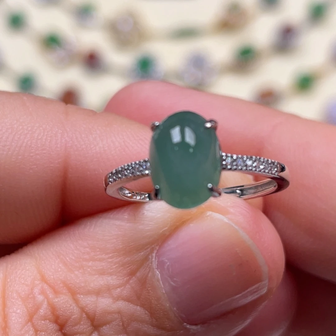 翡翠戒指银S925镶嵌七****5纯天然缅甸翡翠