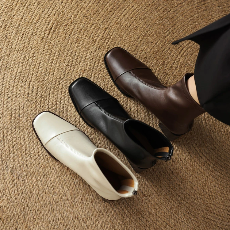 6cm~粗跟女靴法式方头短靴女单靴秋冬新款复古高跟瘦瘦靴马丁靴女