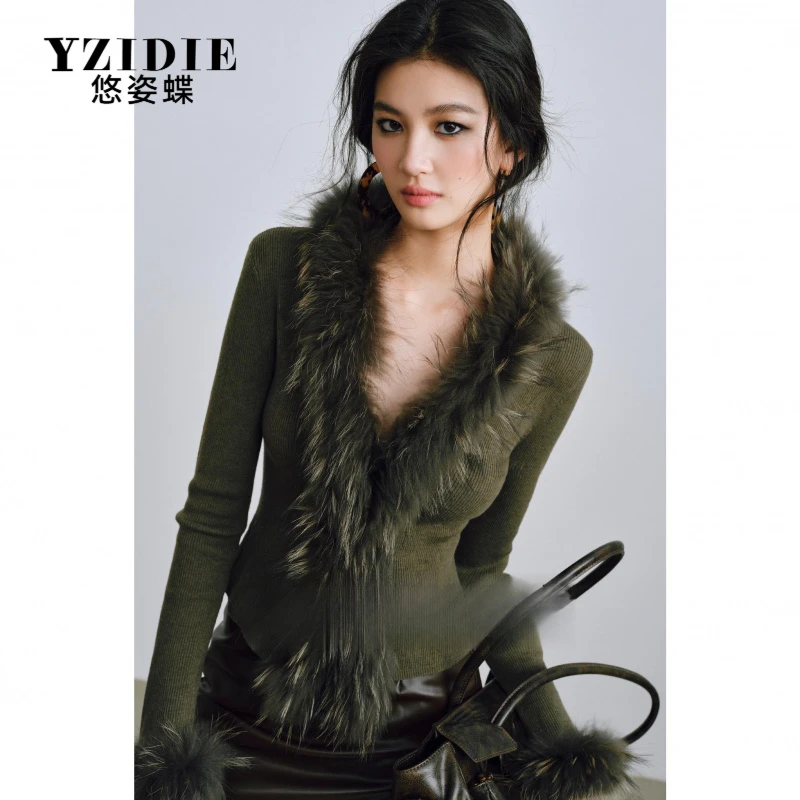 YZIDIE48支精纺16针机织可拆卸貉子毛修身短款针织衫时尚