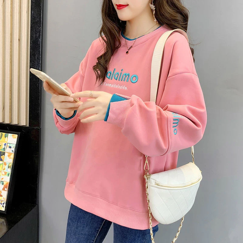 卫衣不加绒无帽圆领卫衣女新款2025春秋新款宽松韩版百搭外套上衣