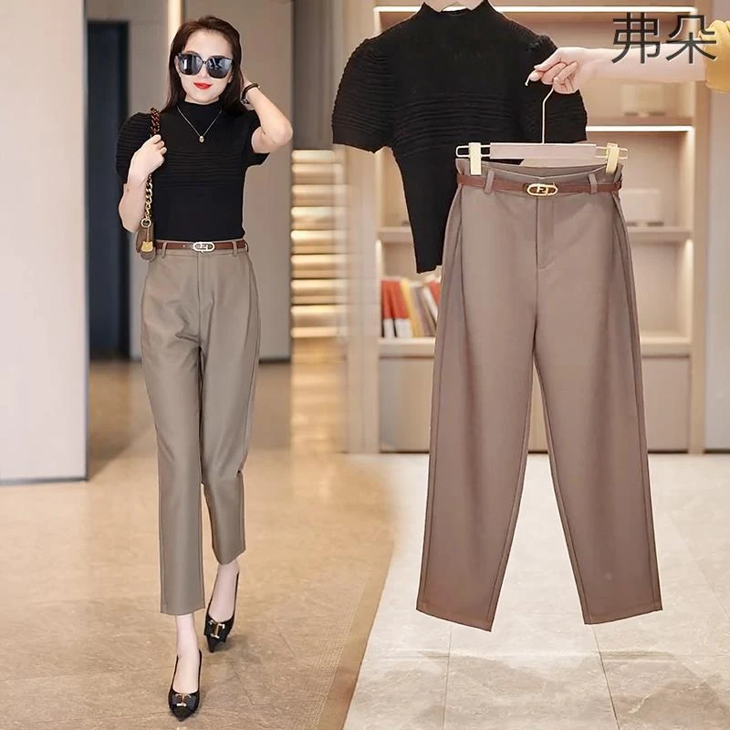 裤子女2025新款卡其色烟管裤春季薄款休闲西装女裤九分萝卜哈伦裤