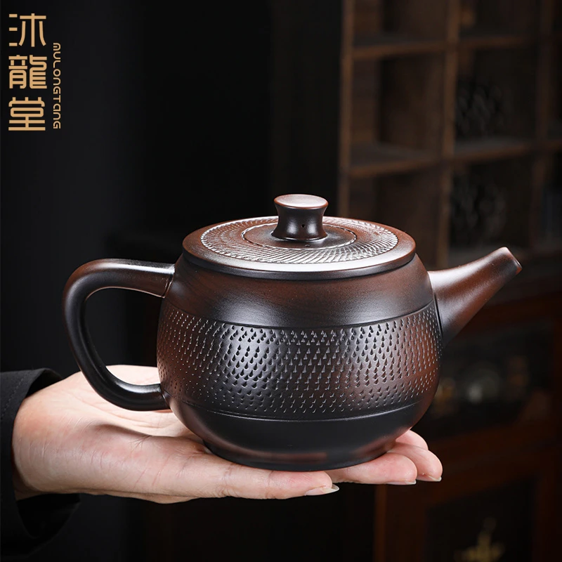 沐龙堂紫陶茶壶大容量汉瓦壶泡茶家用陶瓷功夫茶具手工跳刀单壶