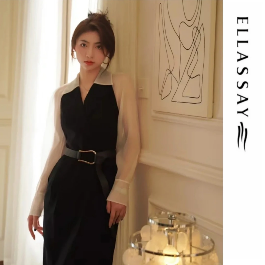 ELLASSAY歌力思拼接新款小黑裙欧若智性风包臀连衣裙EWF355Y18100
