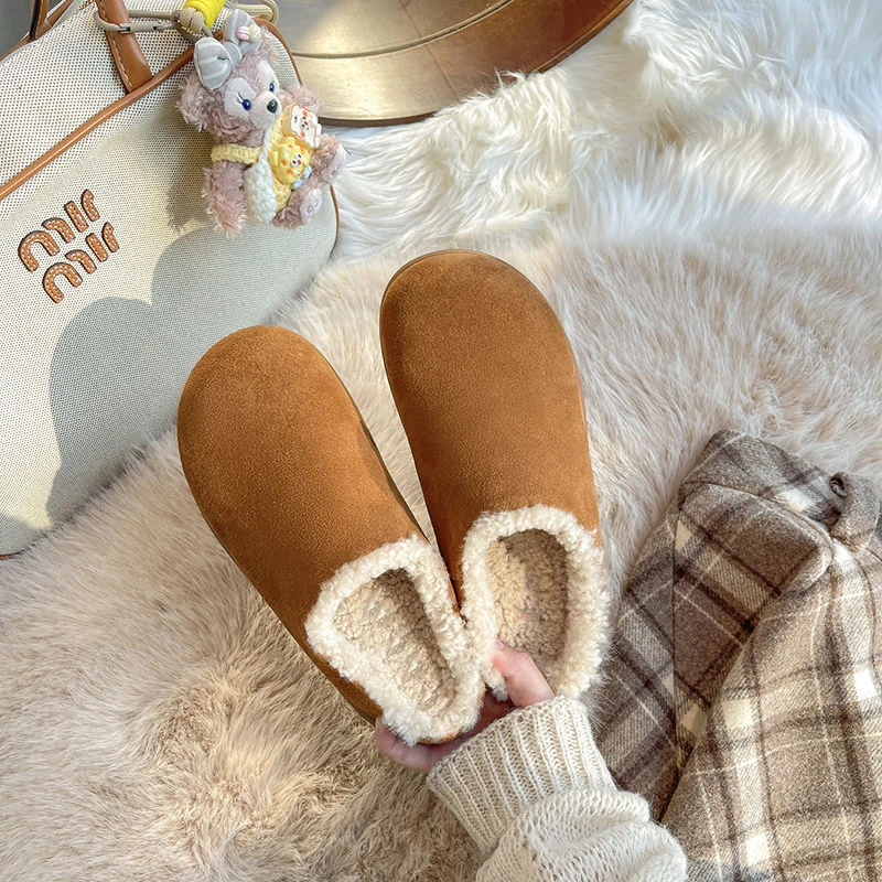 包头棉拖鞋女冬季加绒保暖羊羔毛外穿半拖鞋一脚蹬勃肯毛毛鞋E-2