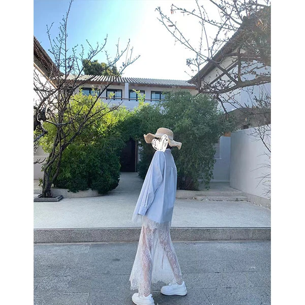 【冰岛慕斯】超绝仙女蕾丝下摆蓝色显瘦衬衣+美背+半裙套装 8015