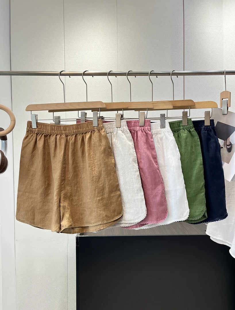 特！100全亚麻~温柔花边 宽松阔腿A字休闲短裤 23-88 女装 H6403