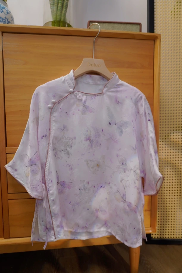 【茉莉】满分桑蚕丝蝴蝶气质印花萝侧开新中式上衣衬衣