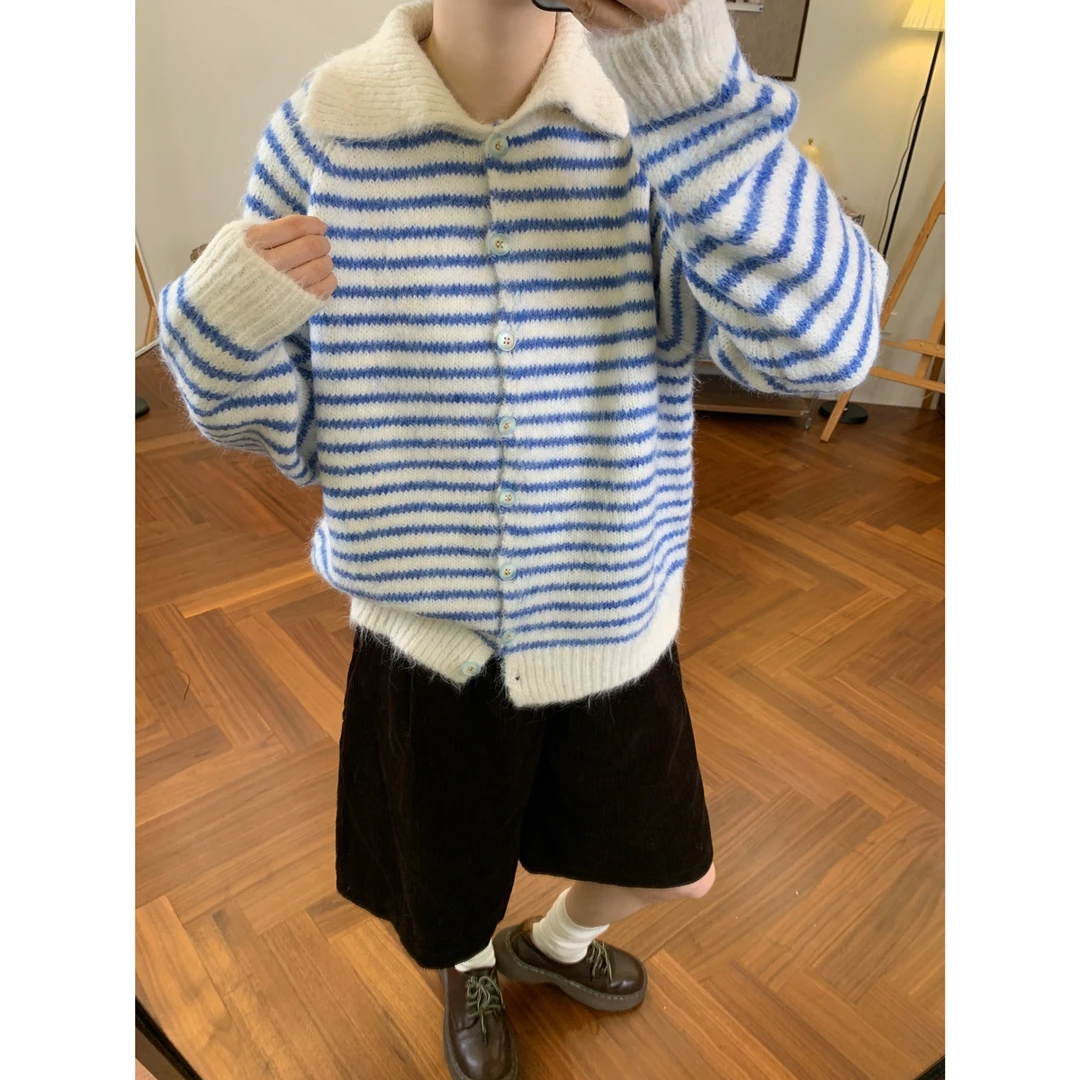 韩系条纹翻领羊毛针织开衫女2025秋冬新款软糯宽松显瘦百搭毛衣潮