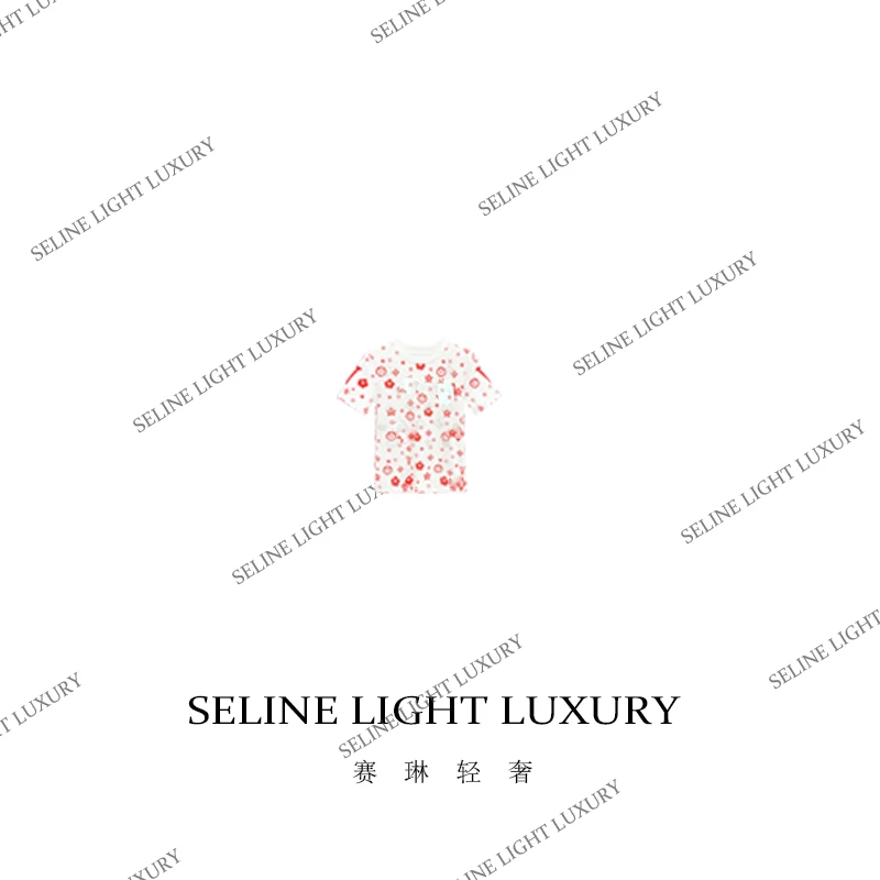 【25C-049】 2025 SELINE 轻奢原创烫碎花钻白红印花圆领短袖T恤